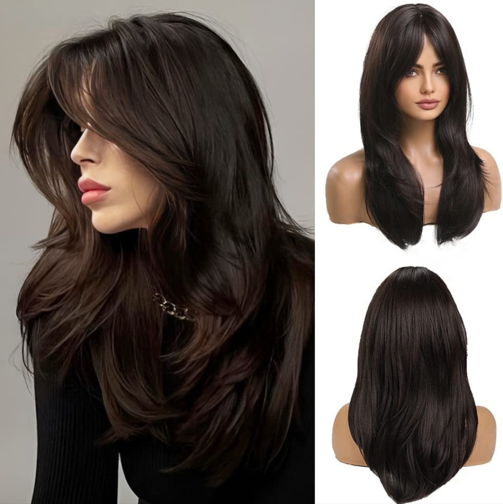 20 Inches Long Straight Dark Brown Layered Synthetic Hair Wig